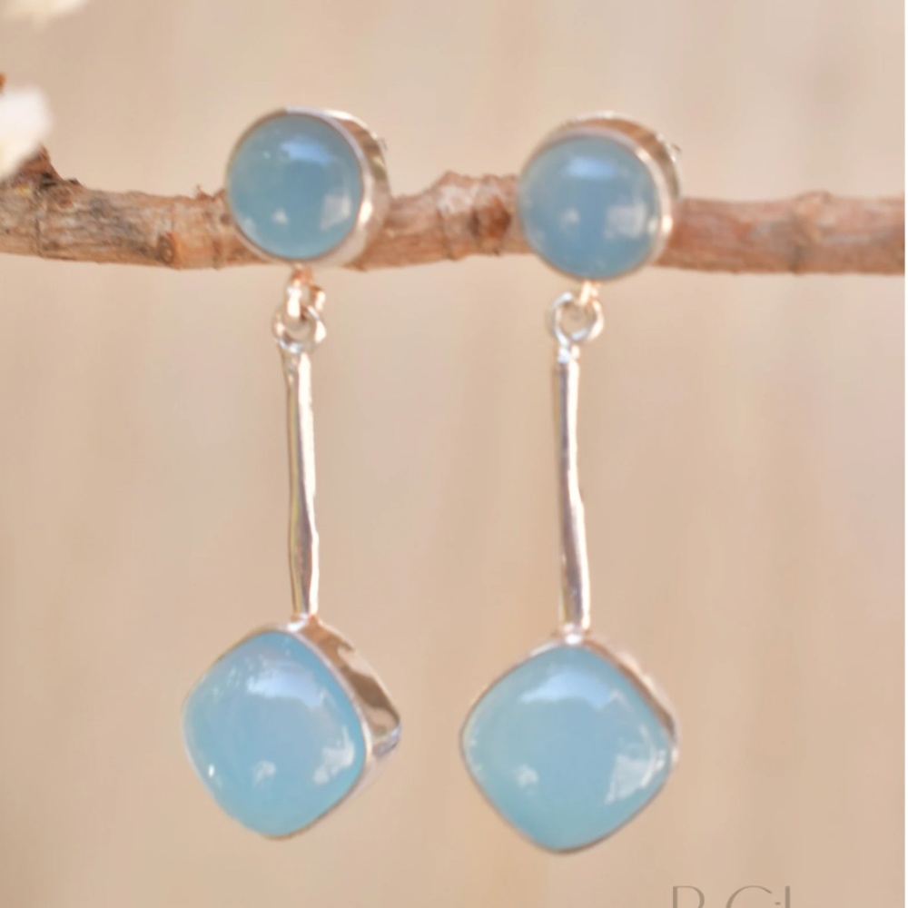 Blue Chalcedony Stud Earrings in Sterling Silver 925